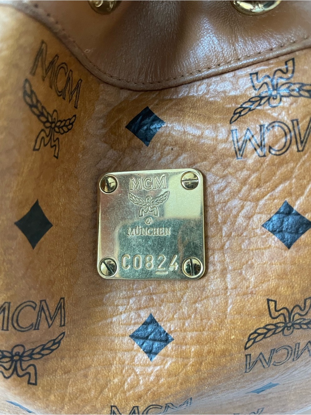 MCM Brown Logo Print Drawstring Bucket Bag w/ Detachable Strap Gold Hardware - Picture 8 of 15